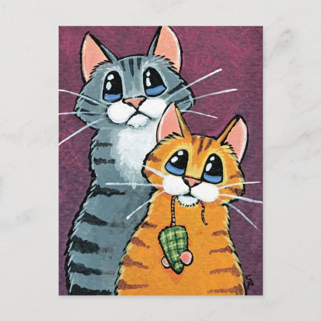 Postal Ilustración de 2 Gatos Atigrados con Ratón de Jugu (Anverso)
