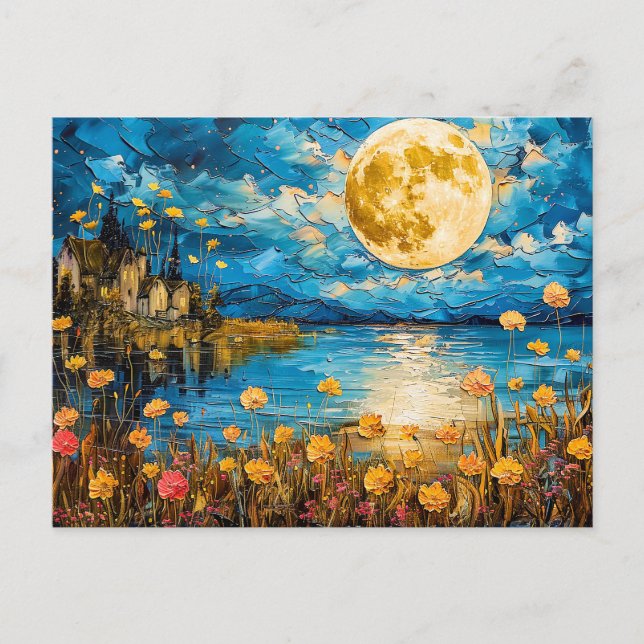 Postal Ilustracion de acuarela abstracta de la luna llena (Anverso)