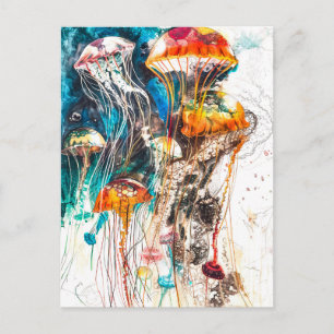 Postal Ilustración de Acuarela Abstracta de Medusas