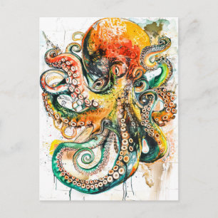 Postal Ilustración de Acuarela Abstracta de un Pulpo