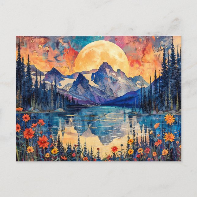 Postal Ilustracion de acuarela abstracta sobre luna llena (Anverso)