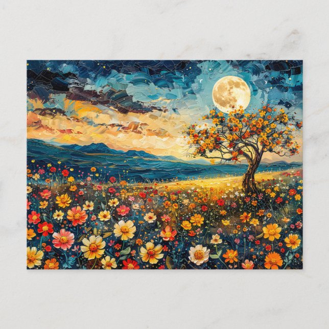 Postal Ilustracion de acuarela abstracta sobre luna llena (Anverso)