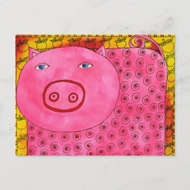 Postal Ilustracion de acuarela de cerdo con patrones (Anverso)