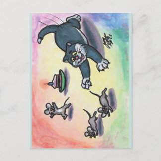 Postal Ilustración de acuarela Gato Dibujo animado Tarta