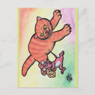 Postal Ilustración de acuarela Gato Ratón Queso caricatur