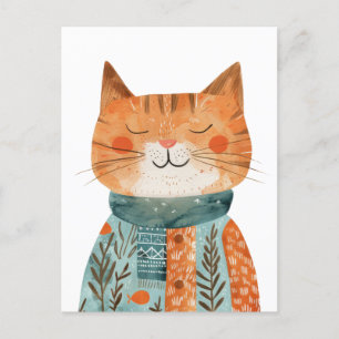 Postal Ilustracion de acuarela para gato antropomórfico q