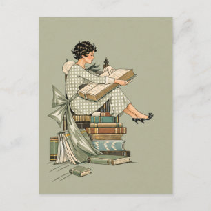 Postal Ilustración de amante de libros antiguos