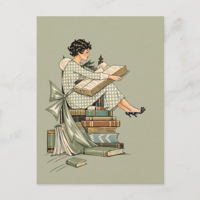 Postal Ilustración de amante de libros antiguos (Anverso)
