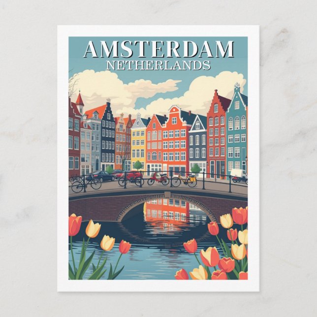 Postal Ilustración de Amsterdam Holanda Viajes Bicicletas (Anverso)