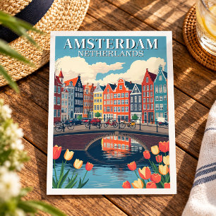 Postal Ilustración de Amsterdam Holanda Viajes Bicicletas