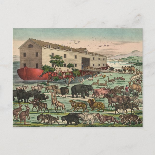 Postal Ilustracion de Animales Arcos Noas Vintage 1882 (Anverso)