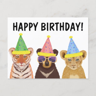 Postal Ilustracion de animales salvajes "Feliz cumpleaños