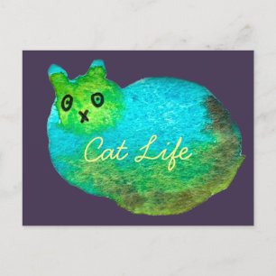Postal Ilustracion de arte de gato gordo azul