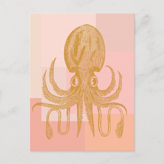 Postal Ilustracion de arte de pulpo puro en rosa y oro (Anverso)