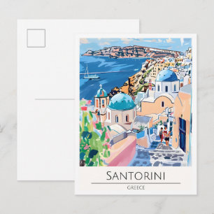 Postal Ilustración de arte de Santorini Grecia Viajes