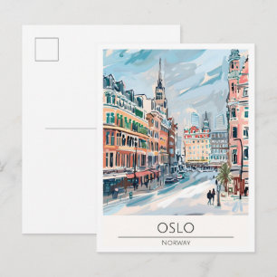 Postal Ilustración de arte de viaje de Oslo Noruega