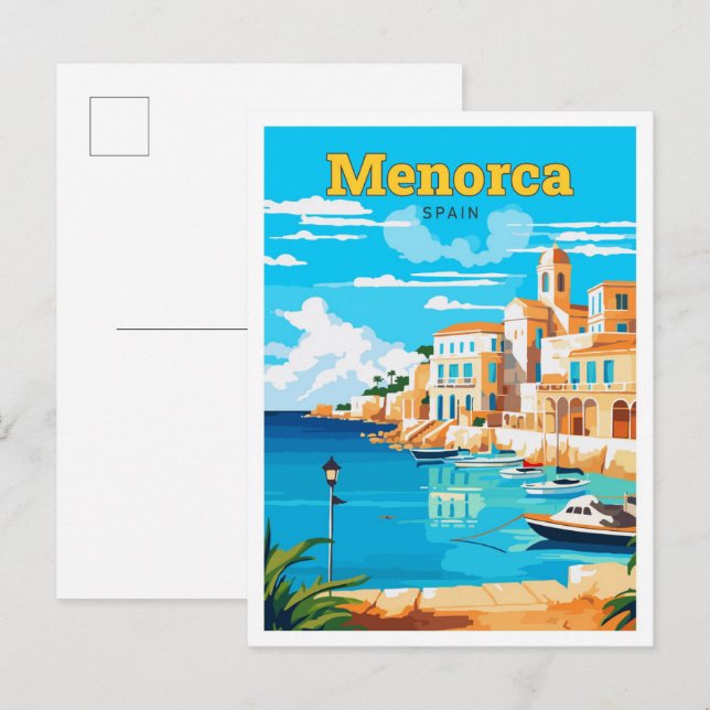 Postal Ilustracion de arte de viajes de Menorca España (Anverso / Reverso)