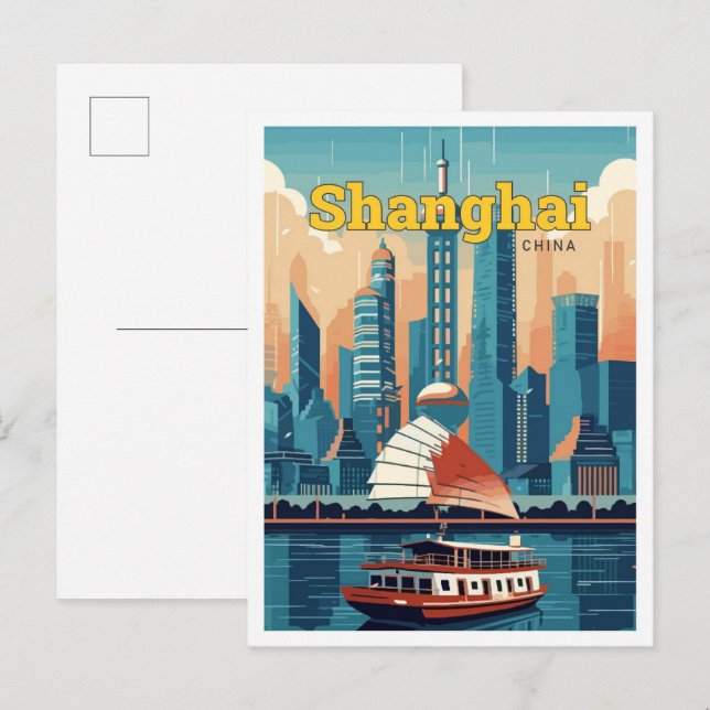 Postal Ilustracion de arte de viajes de Shanghai China (Anverso / Reverso)