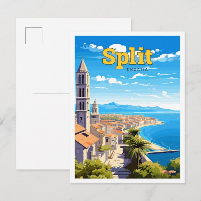 Postal Ilustracion de arte de viajes de Split Croatia (Anverso / Reverso)