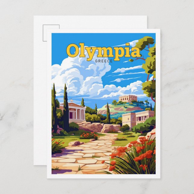 Postal Ilustracion de arte de viajes Olympia Grecia (Anverso / Reverso)