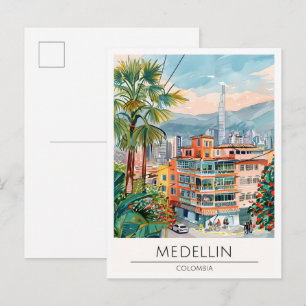 Postal Ilustración de Arte Vintage de Medellín Colombia V