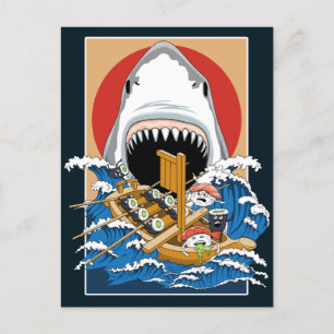Postal Ilustracion de ataques de tiburón sushi