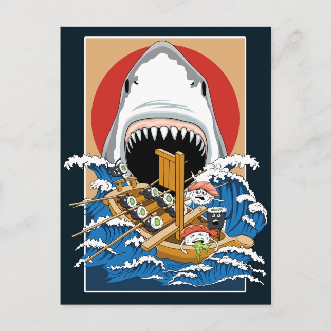Postal Ilustracion de ataques de tiburón sushi (Anverso)