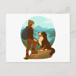 Postal Ilustración de aventura de niña y perro de montaña