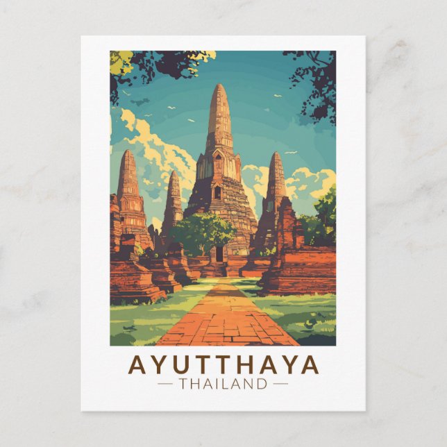 Postal Ilustración de Ayutthaya Tailandia Arte de viaje v (Anverso)