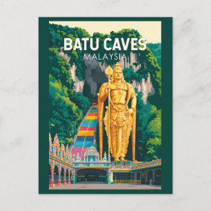 Postal Ilustración de Batu Caves Malasia Arte de Viaje Re