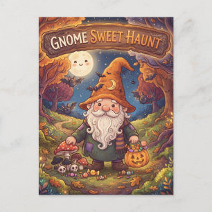 Postal Ilustración de bosque de Halloween Gnome Sweet Hau