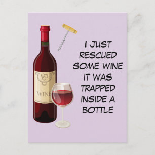 Postal Ilustración de botella de vino y vaso