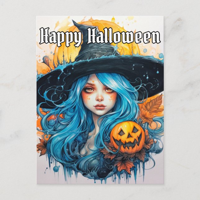 Postal Ilustracion de bruja de pelo azul | Feliz Hallowee (Anverso)