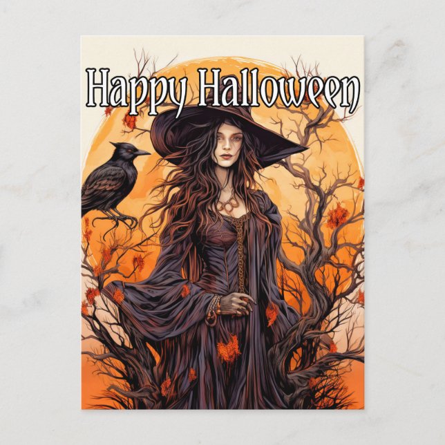 Postal Ilustracion de bruja | Feliz Halloween (Anverso)