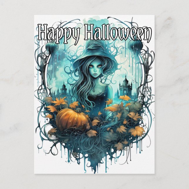 Postal Ilustracion de Brujas de Otoño | Feliz Halloween (Anverso)