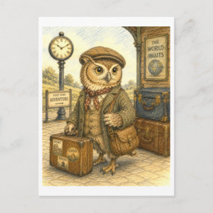Postal Ilustración de búho viajero