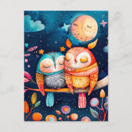 Postal Ilustracion de búhos abrazándose en el bosque por 
