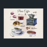 Postal Ilustracion de café y pasteles de París<br><div class="desc">Paris Coffee trata productos de pastelería con anotaciones ilustracion de acuarela vintage.</div>