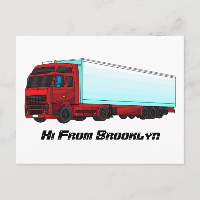Postal Ilustracion de camión de remolques rojos (Anverso)