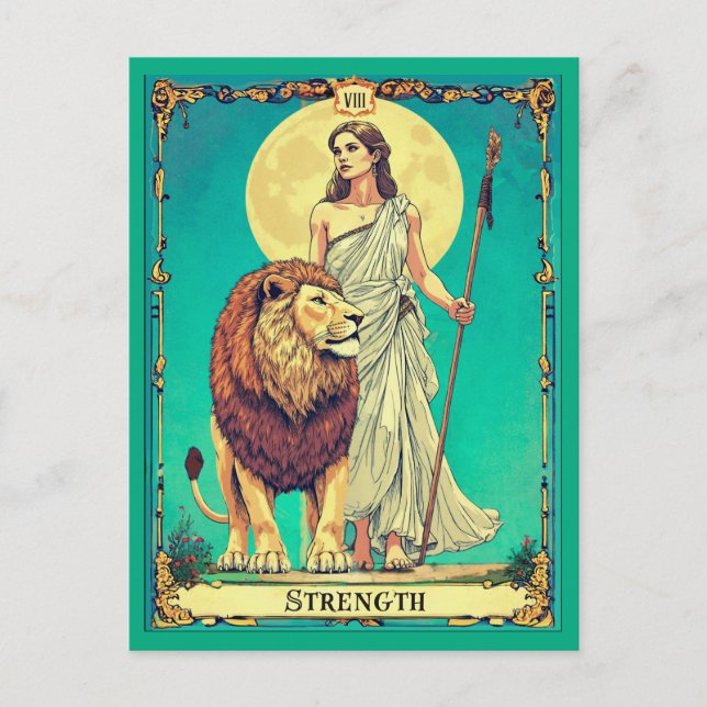 Postal Ilustración de Carta de Tarot, Fuerza (Anverso)