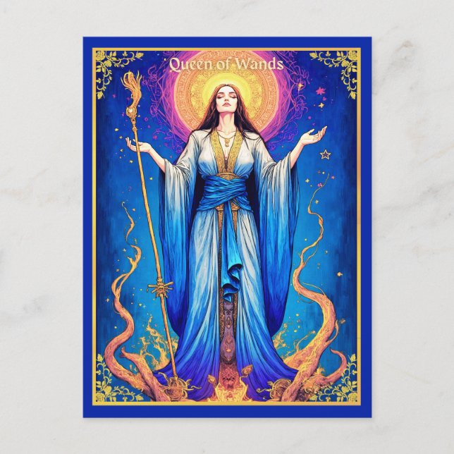 Postal Ilustración de carta de tarot, Reina de Bastos (Anverso)