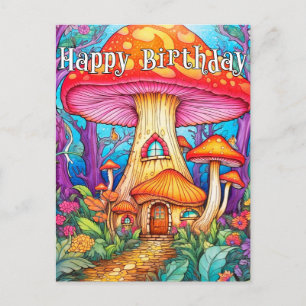 Postal Ilustración de casa de hongos creativa adorable