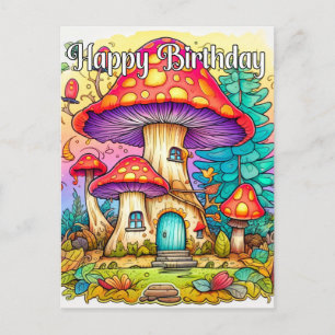 Postal Ilustración de casa de hongos creativa y linda