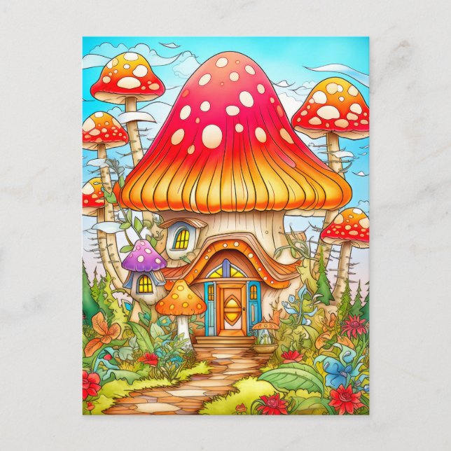 Postal Ilustración de Casa de Hongos Mágicos (Anverso)
