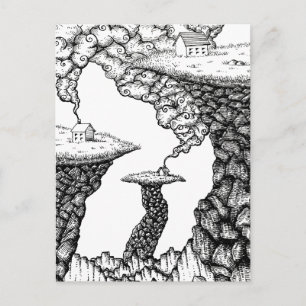 Postal Ilustración de Casas Pequeñas en Acantilados Rocos