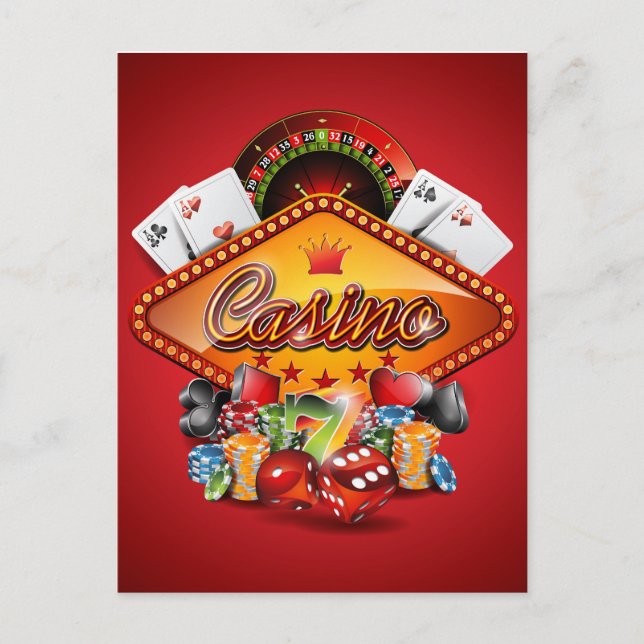 Postal Ilustracion de casino con elementos de juego (Anverso)