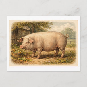 Postal Ilustración de cerdo al estilo vintage