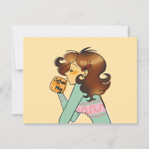 Postal Ilustración de chica de café acogedor por la mañan