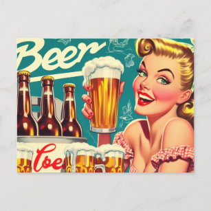 Postal Ilustracion de Chica de cerveza de época