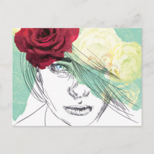 Postal Ilustracion de chica de flores de época